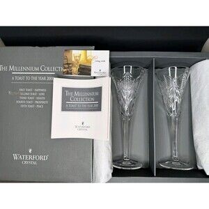 Waterford Crystal HAPPINESS Champagne Toasting Flutes Pair Millennium Collection
